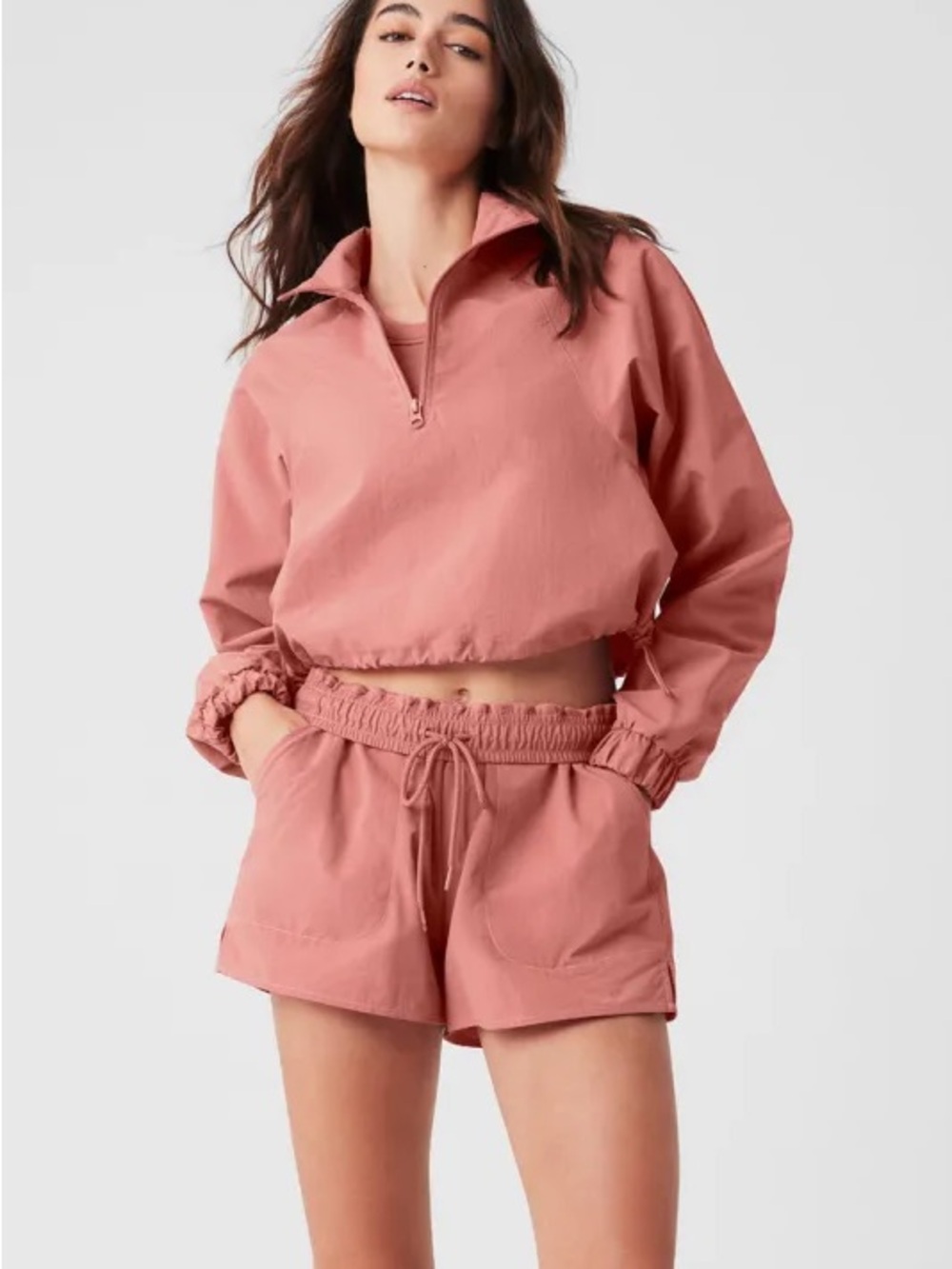 ALO Yoga Cropped Pullover & Drawstring Shorts Set in Dusty Rose